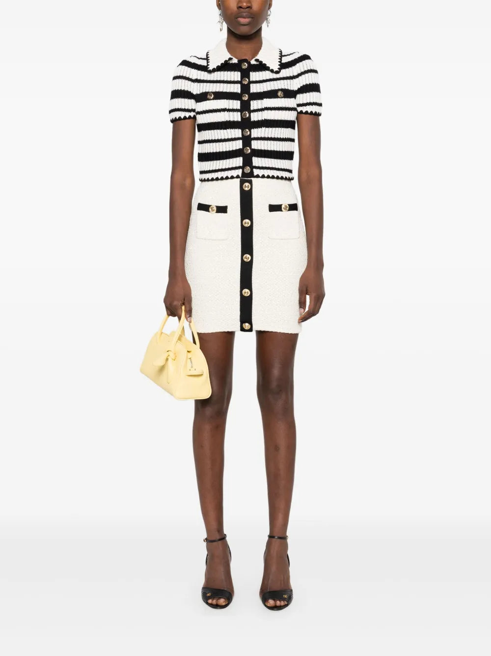 Self-portrait Cream And Black Striped Crochet Top Cream Black