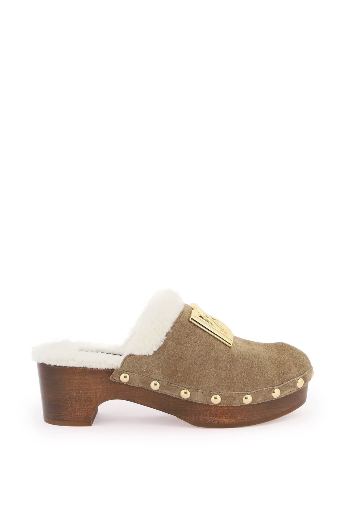 Shop Dolce & Gabbana Suede And Faux Fur Clogs With Dg Logo.