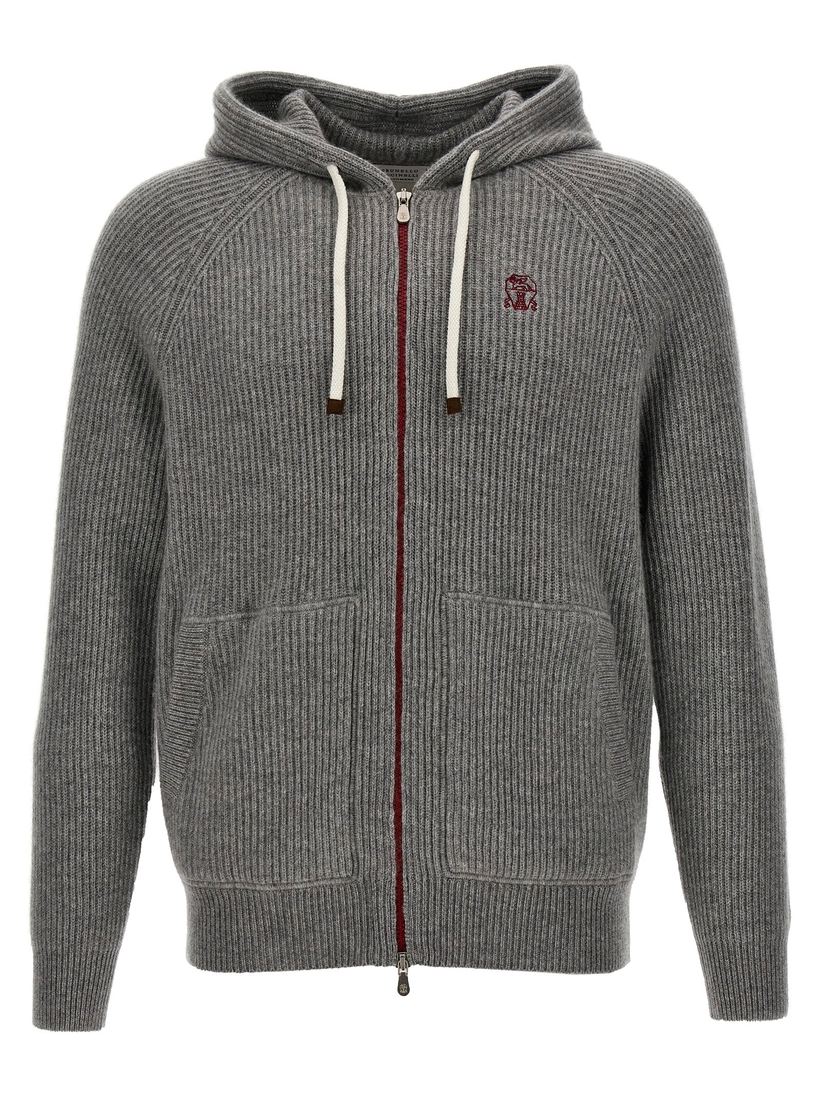 Shop Brunello Cucinelli Logo Embroidered Hooded Cardigan Sweater, Cardigans Gray
