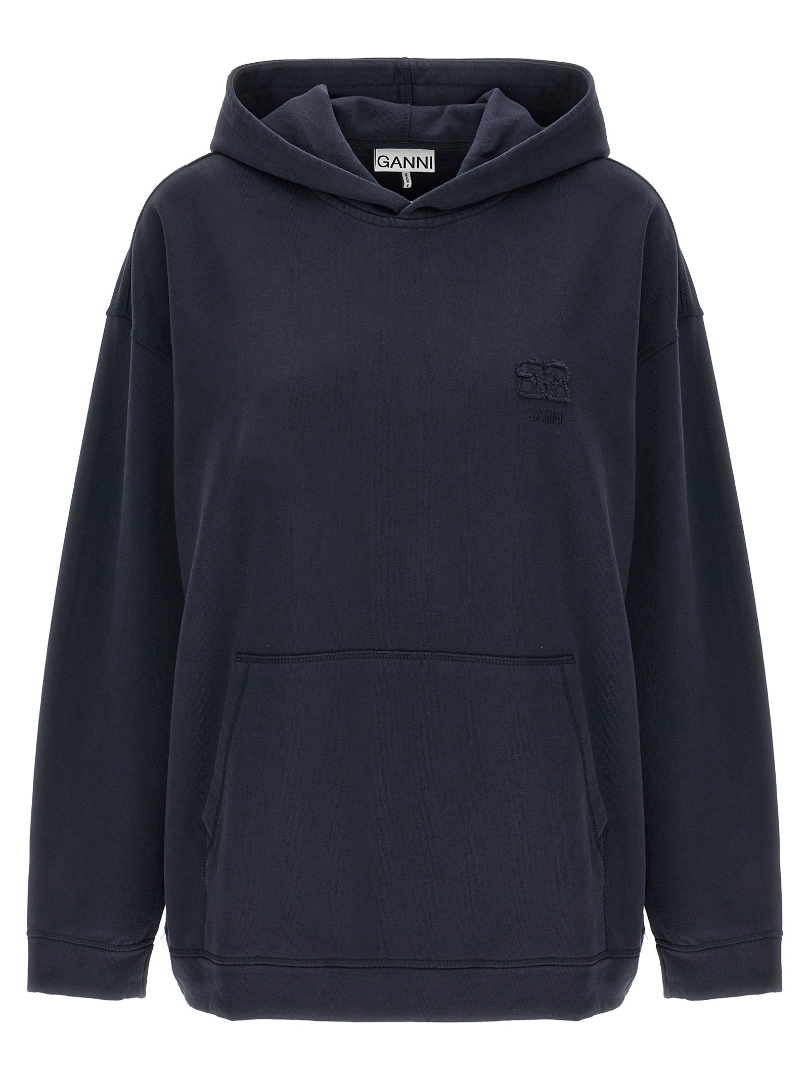 Shop Ganni Logo Embroidery Hoodie Sweatshirt Blue