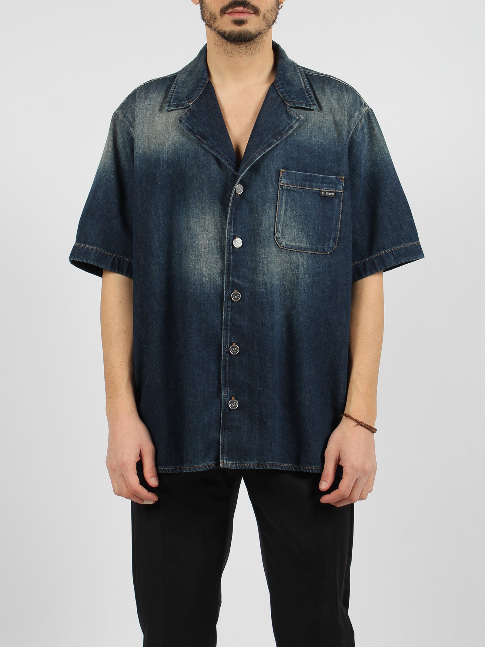 Shop Valentino Denim Chambray Bowling Shirt