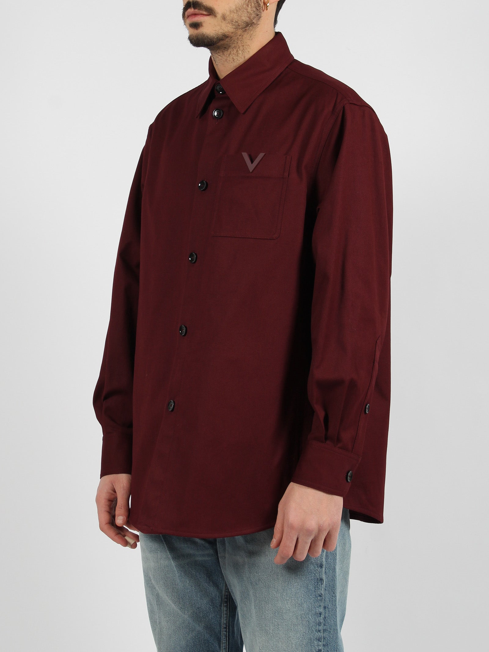 Shop Valentino Rubberised V Detail Stretch Cotton Canvas Shirt Jacket