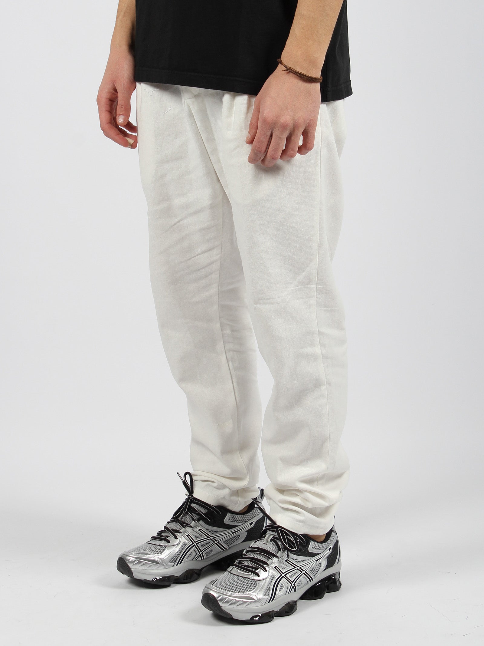 Shop White Sand Linen Cotton Blend Trousers