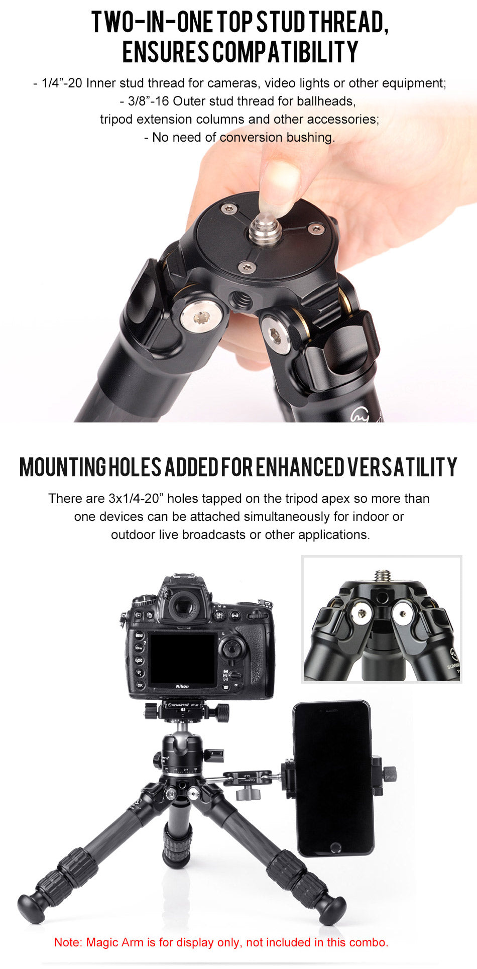 T1C30N Mini Carbon Fiber Tripod for iPhone and DSLR Camera and Ballhea