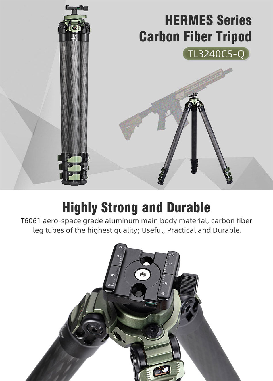 SUNWYAFOTO TL3240CS-Q Trípode de caza para soporte de rifle de tiro de  fibra de carbono
