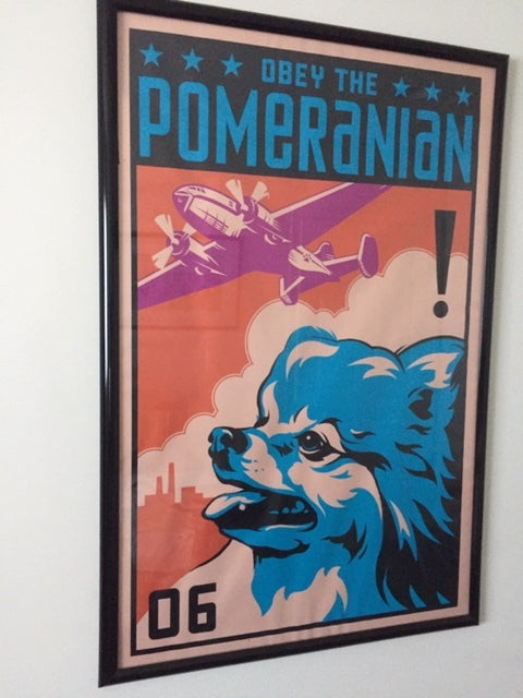 A colorful photo of a poster that reads, "Obey the pomeranian."