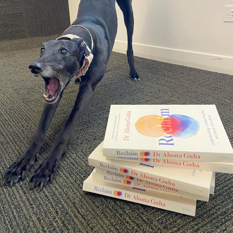 Karla the black greyhound being vocal about her feelings, next to a stack of her ma's book titled Reclaim.