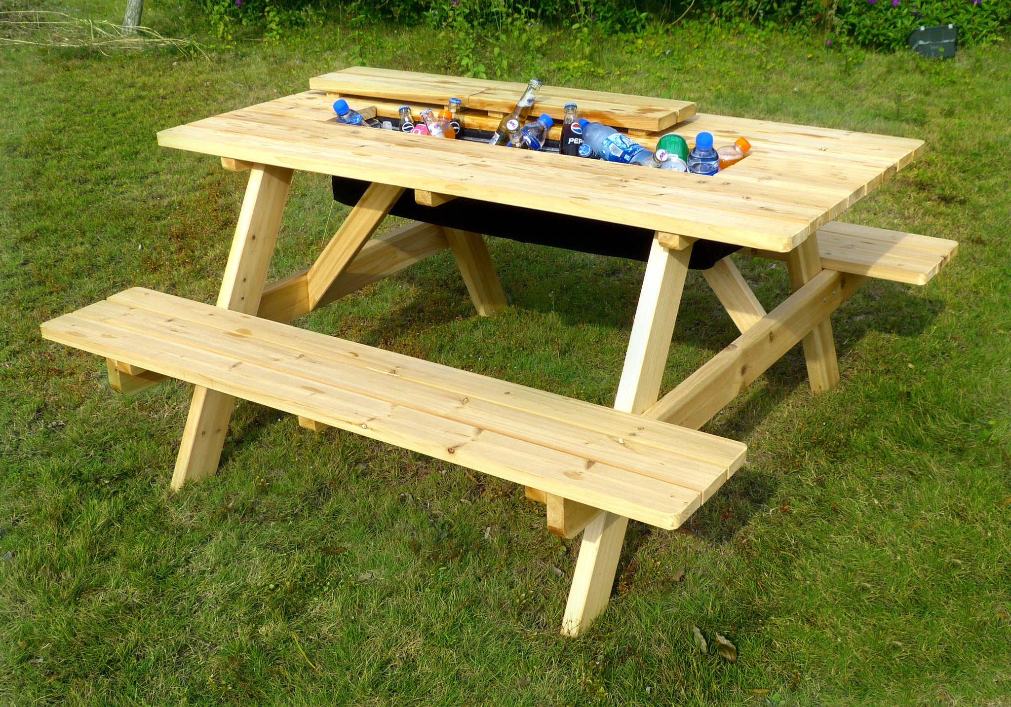 Garden Wooden Picnic Table and Bench with Beverage Cooler – Yardify.com