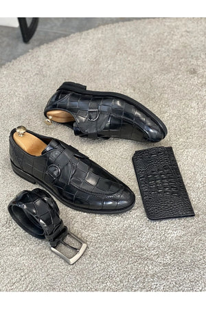 Antoni Black Crocodile Pattern Derby Shoes - LOJOSSI