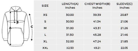 size chart for hoodie tunic on www.MoroDesignGifts.com