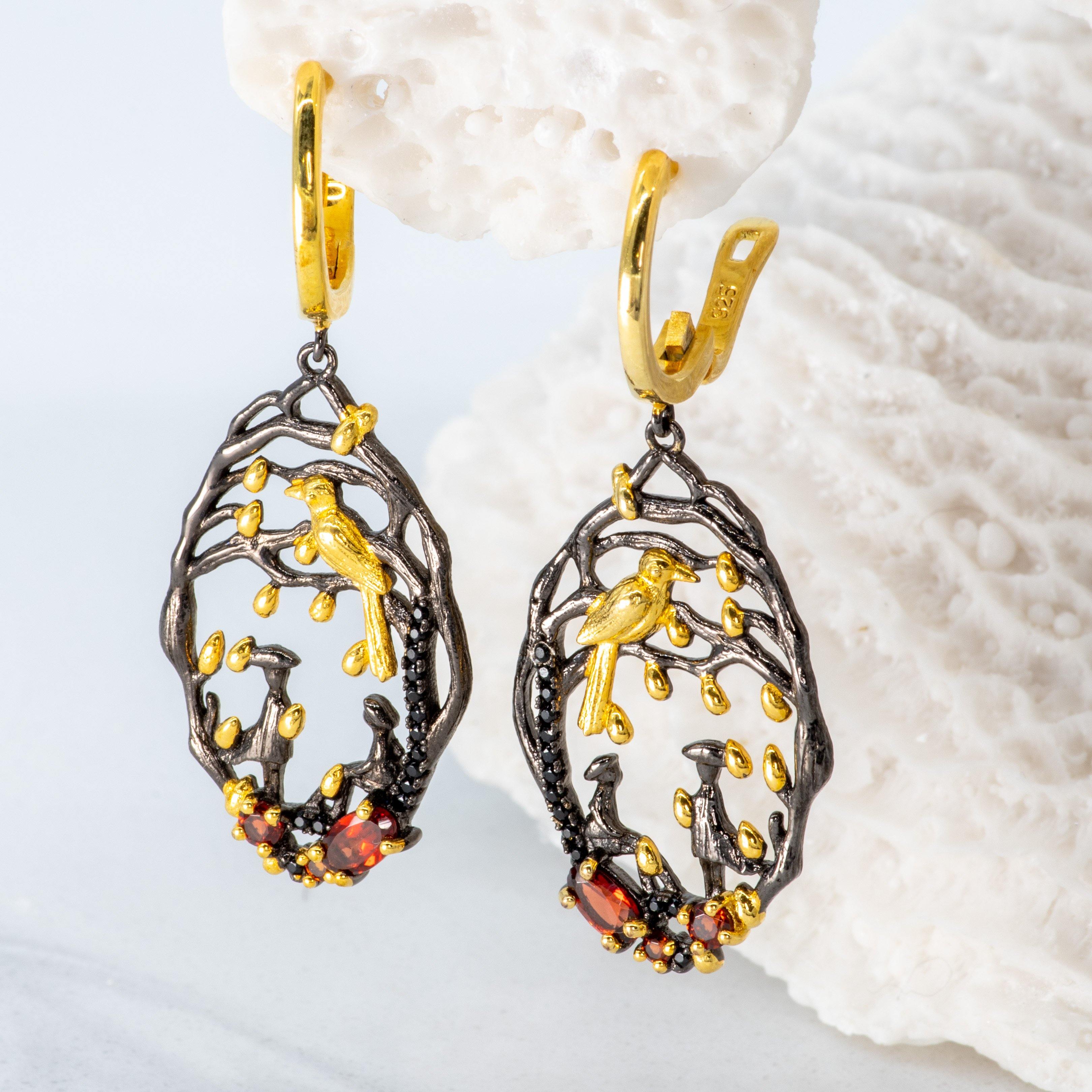 Birdy Garnet Drop Earrings in Sterling Silver
