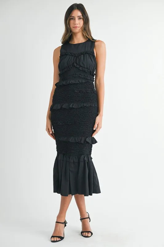 MABLE Ruffled Popcorn Smocked Mermaid Midi Dress (S, M, L)
