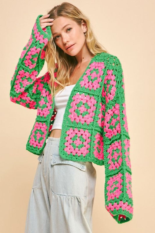 Davi & Dani Two-Tone Flower Square Crochet Open Front Cardigan (S-3XL)