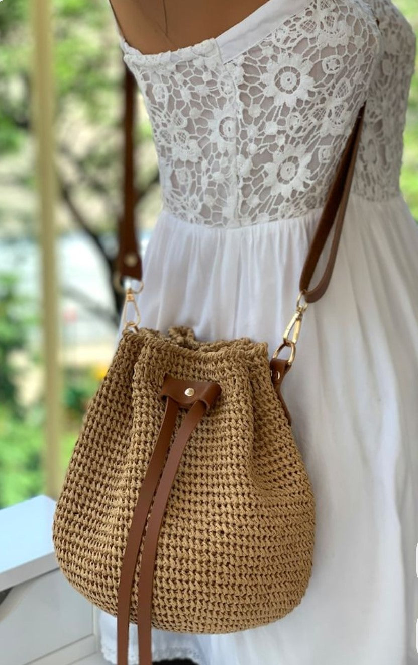 Brown Woven Bag with Leather Straps