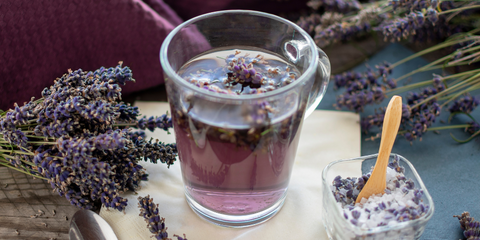 A freshly brewed cup of lavender tea