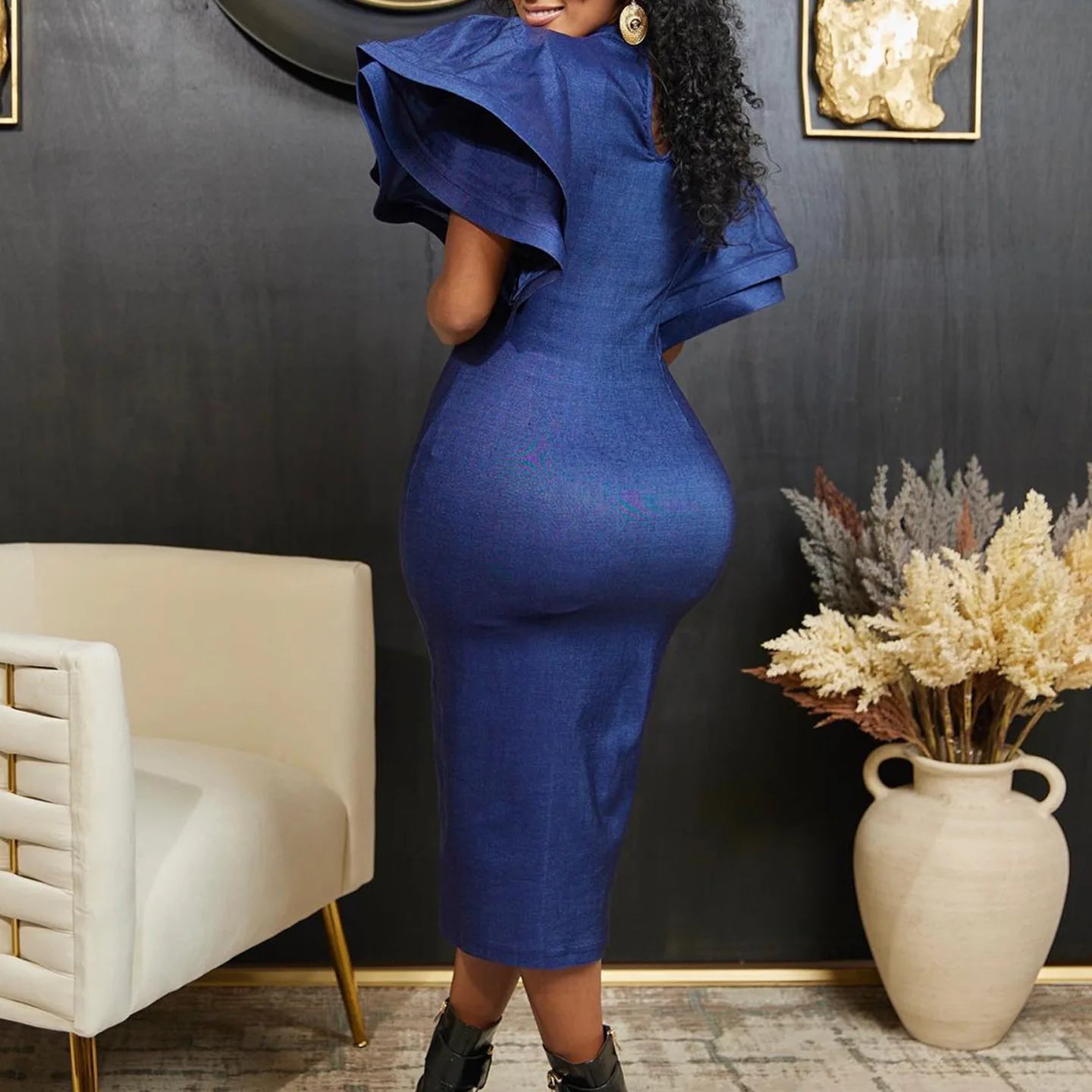 Women's Autumn Denim Wrap Dress with Flare Sleeves - Image 4