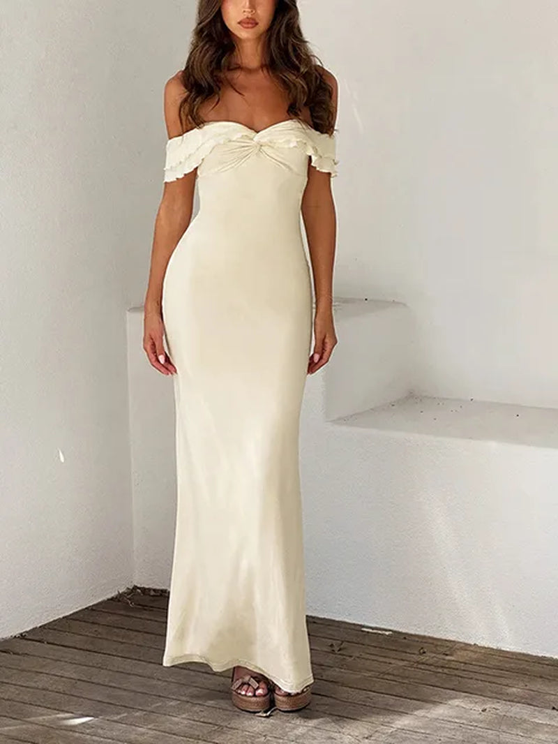 Elegant One Shoulder Lotus Leaf Edge Long Dress