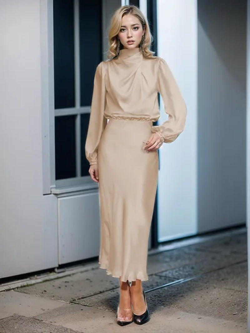 Elegant Loose-Fit Satin Long Sleeve Evening Dress for Women - Image 12