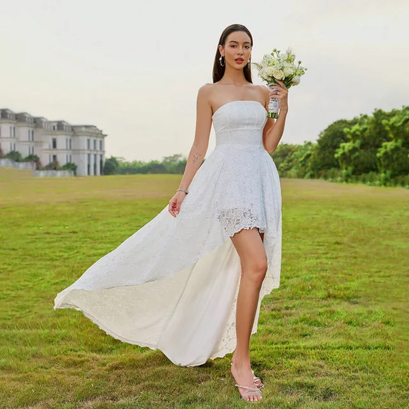 Elegant Summer Vacation Wedding Dress with Lace Ruffles