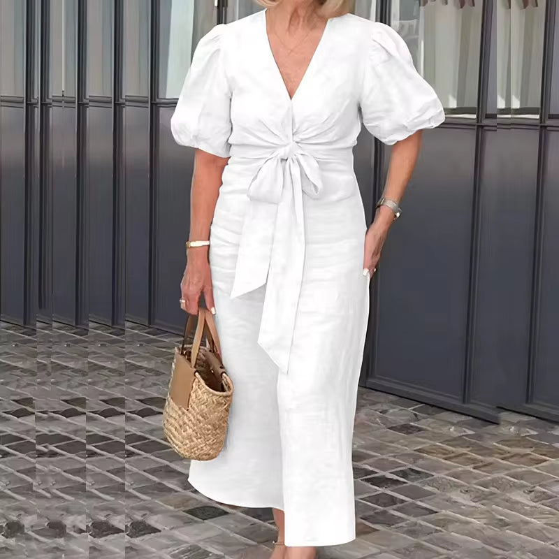 Elegant High Waist Maxi Dress with V-Neck and Bow Tie - Image 4