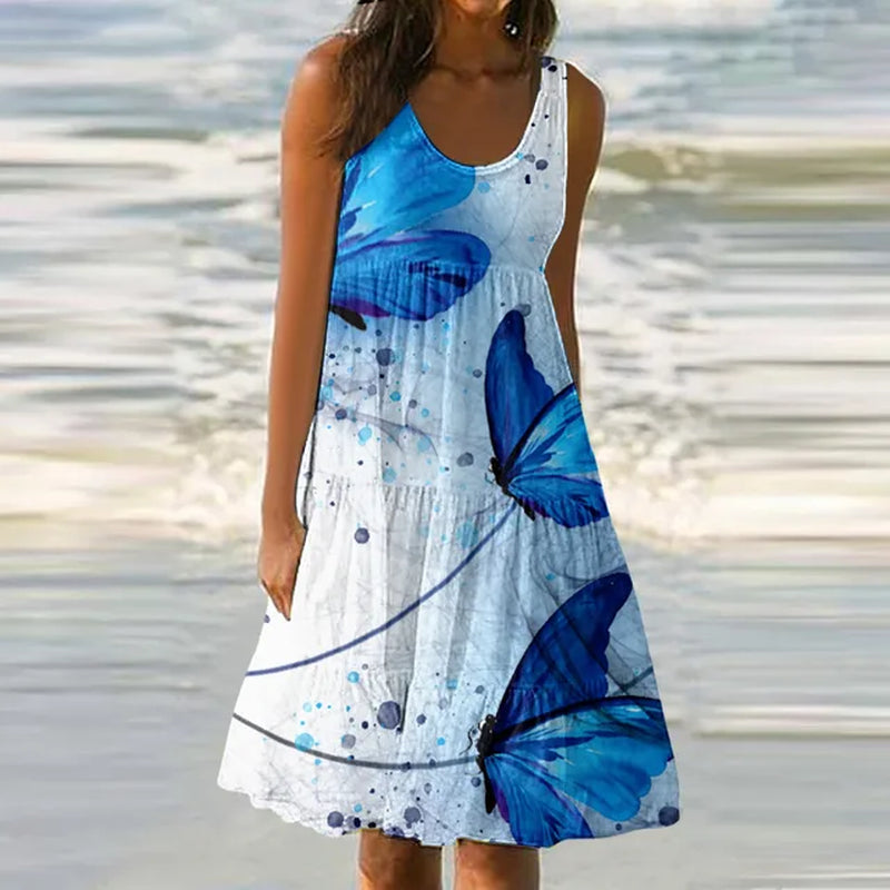 Summer Beach Butterfly Print Sleeveless Tiered Ruffle Dress
