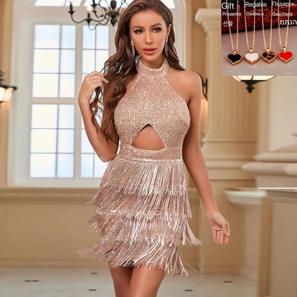 Elegant Backless Sequin Tassel Mini Dress for Parties - Image 3