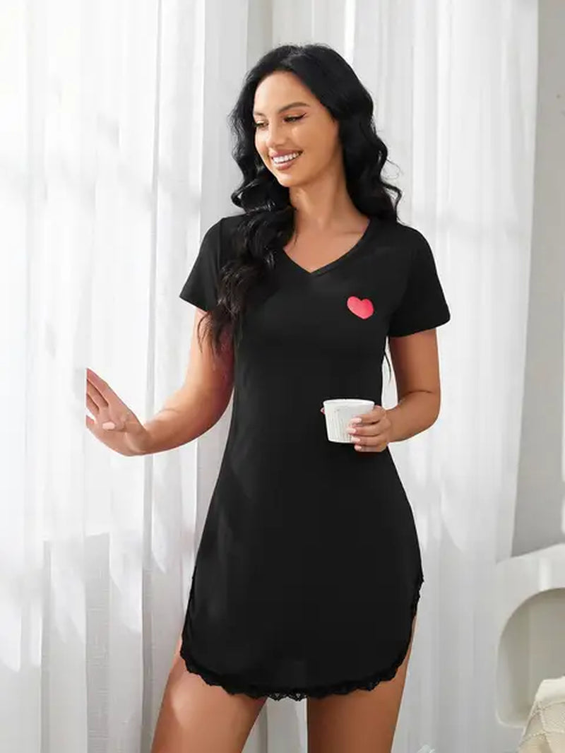 Elegant V-Neck Lace Trim Summer Nightgown for Women