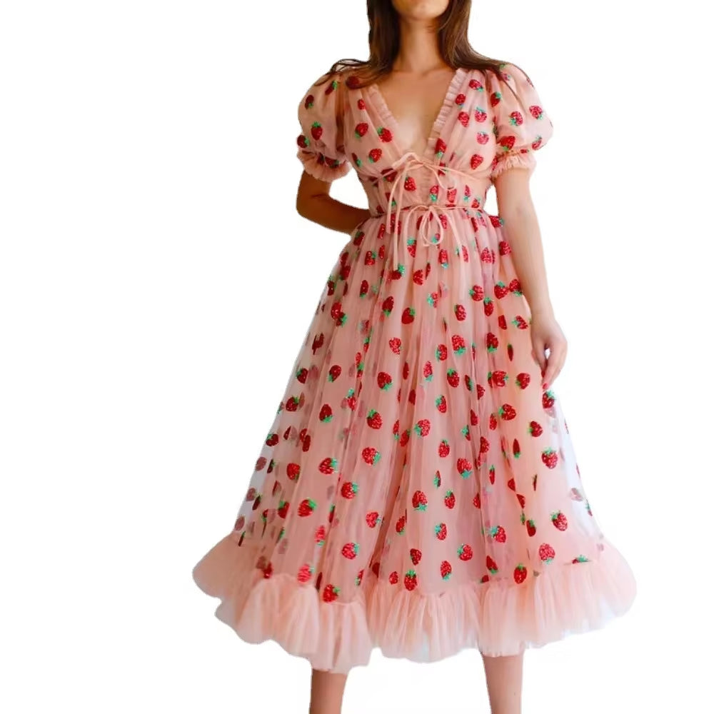 Plus Size Women's Spring Bubble Sleeve Mesh Dress - Image 5