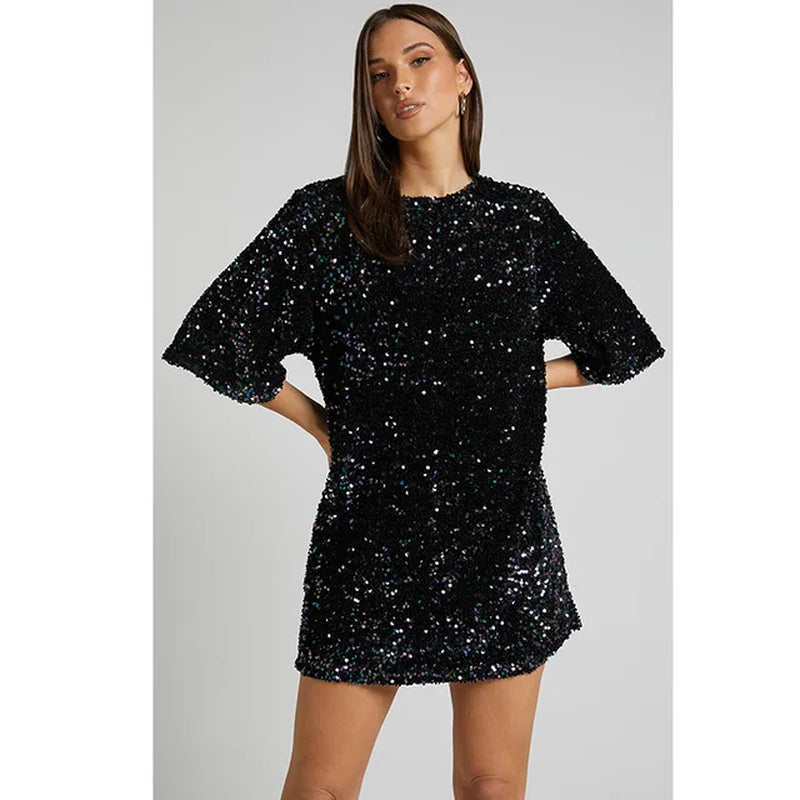 Elegant Black Sequined Backless Evening Dress for Women