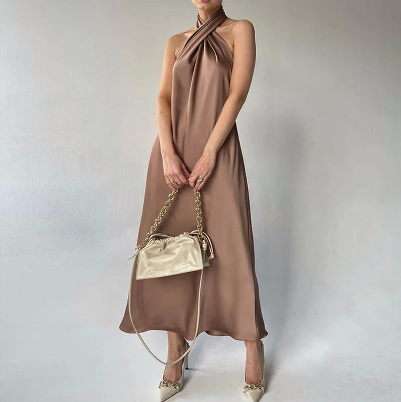 Elegant Sleeveless Satin Ankle-Length Dress for Women - Image 2