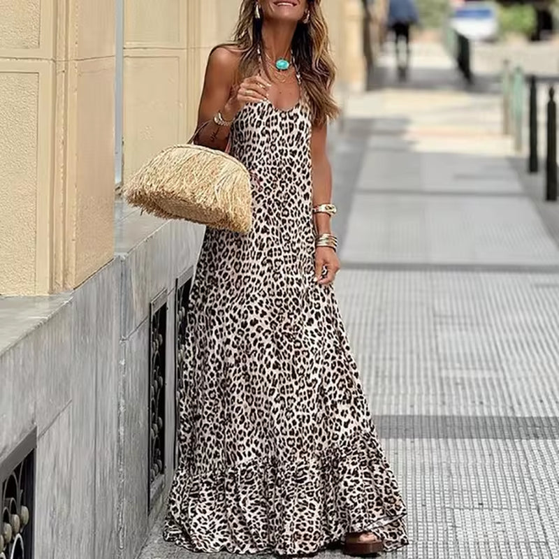 Elegant Leopard Print Sleeveless Pleated Party Dress for Women
