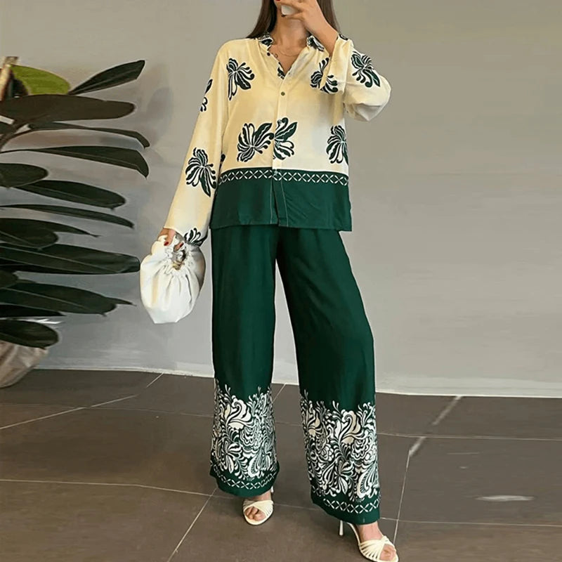 Elegant Women's 2-Piece Autumn Lapel Button Shirt & Pants Set - Image 4