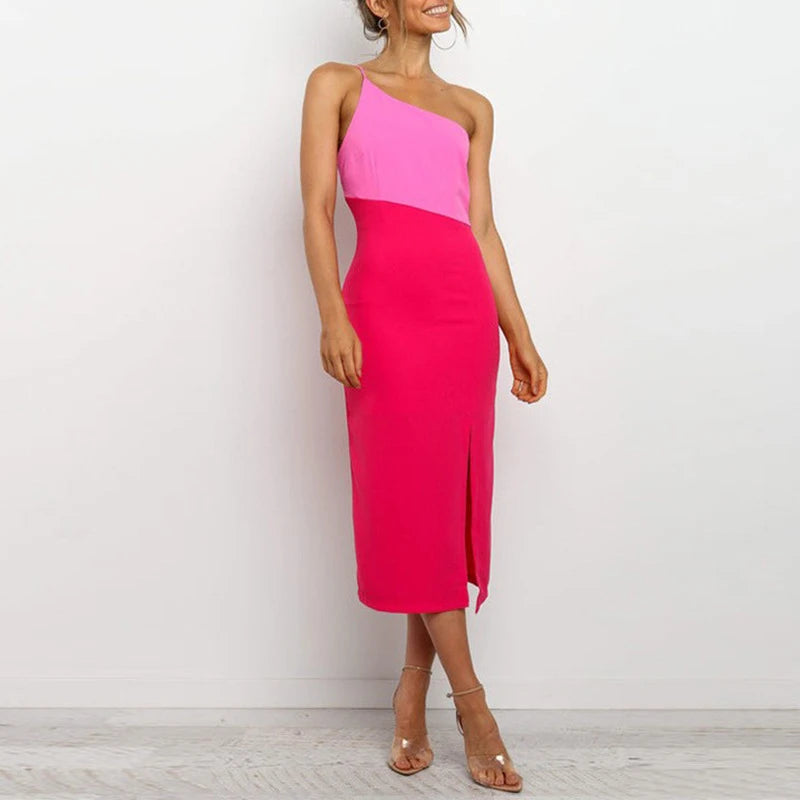 Summer Color Contrast Sexy Split Neck One-Step Dress - Image 4