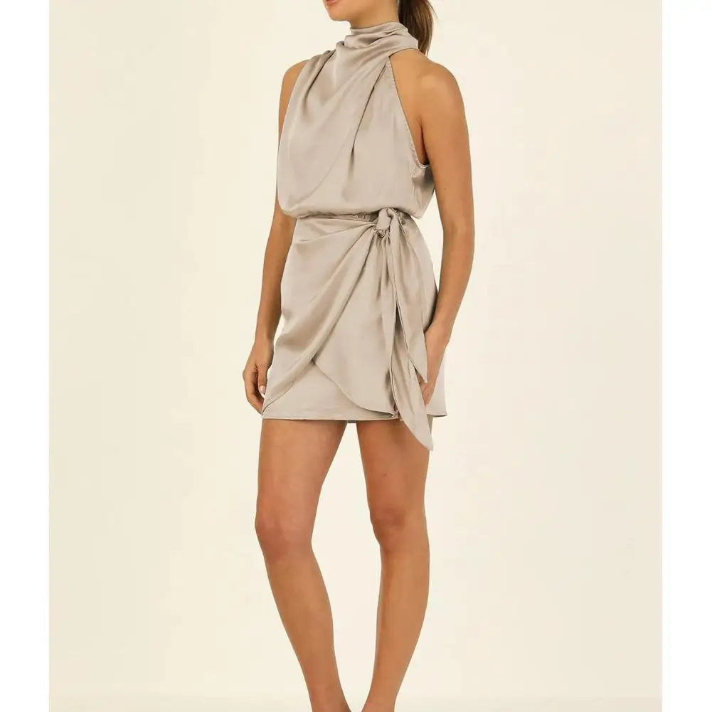 Satin Mock Neck Mini Dress with Tie Waist for Women - Image 7