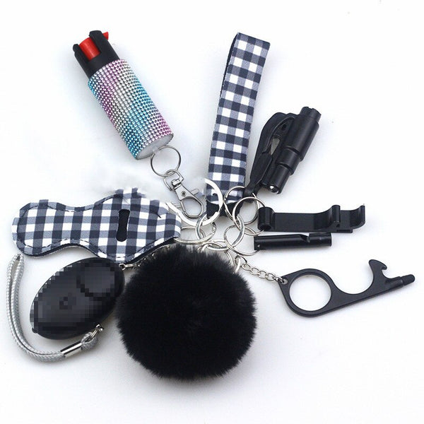 Self Defense Keychain Set Bundle with Pepper Spray, Alarm, Whistle, Window Breaker in Black Checkerboard Pattern