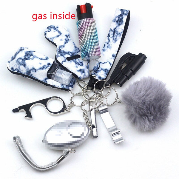 Self Defense Keychain Set Bundle with Pepper Spray, Alarm, Whistle, Window Breaker in a Blue Clouds Design