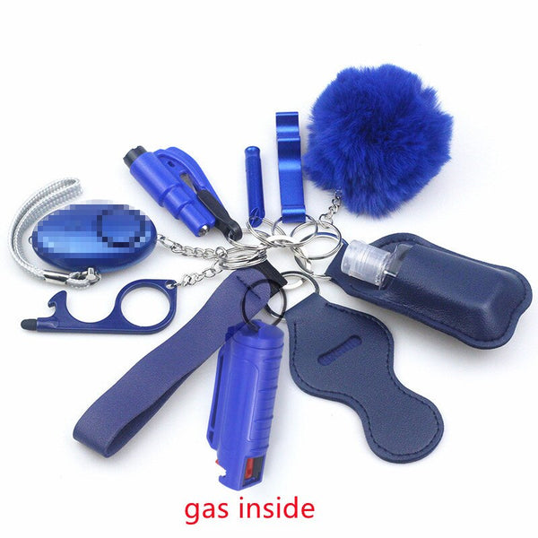 Self Defense Keychain Set Bundle with Pepper Spray, Alarm, Whistle, Window Breaker in Blue Matte Color