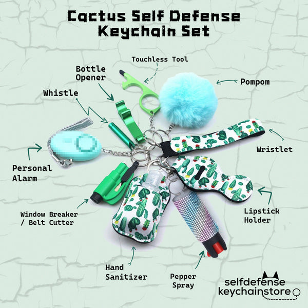 Cactus-Themed Self Defense Keychain Set with Pepper Spray, Window Breaker, and Alarm
