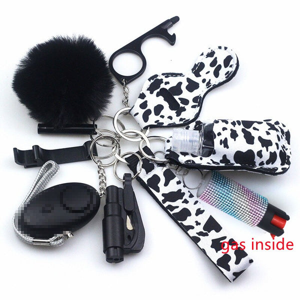 Self Defense Keychain Set Bundle with Pepper Spray, Alarm, Whistle, Window Breaker in Black and White Checkerboard Color