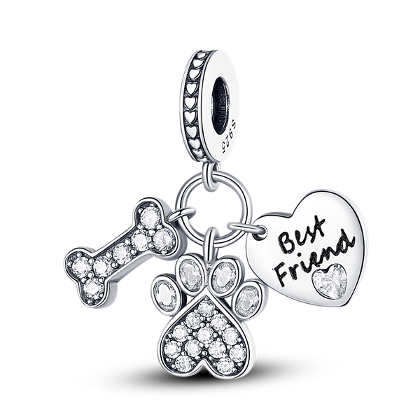 Cute Dog and Bone Silver and Jeweled Pendant Keychain