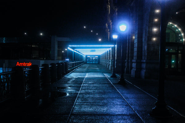 Dark City Street At Night With Blue Lights