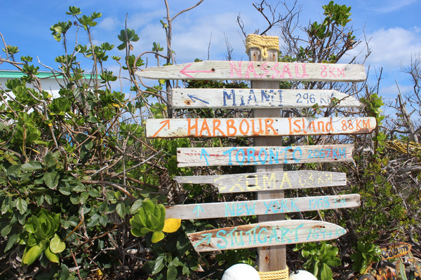 Different Wooden Direction Signs and Names on Beach