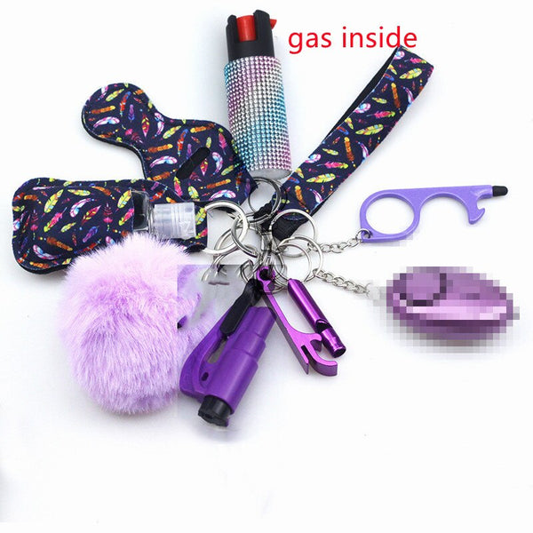 Self Defense Keychain Set Bundle with Pepper Spray, Alarm, Whistle, Window Breaker in a Feathers Chrome Design