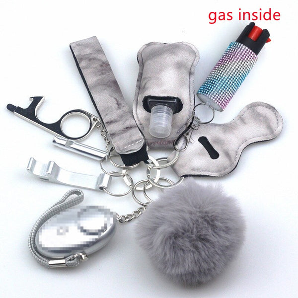 Self Defense Keychain Set Bundle with Pepper Spray, Alarm, Whistle, Window Breaker in a Gray Fog Design