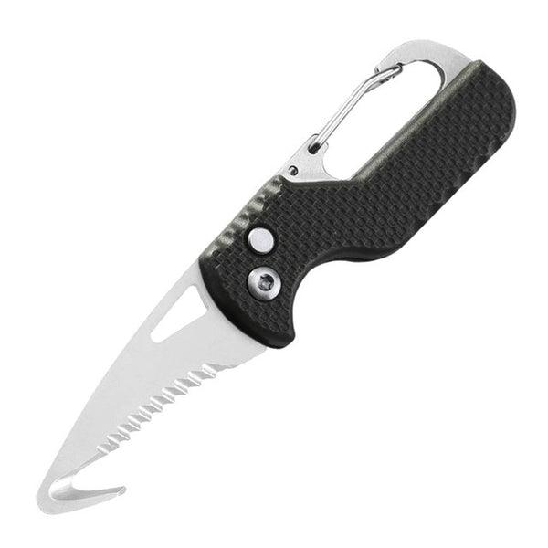 Multi-Tool Survival Knife with Hooked Serrated Blade in Stainless Steel and Black Handle