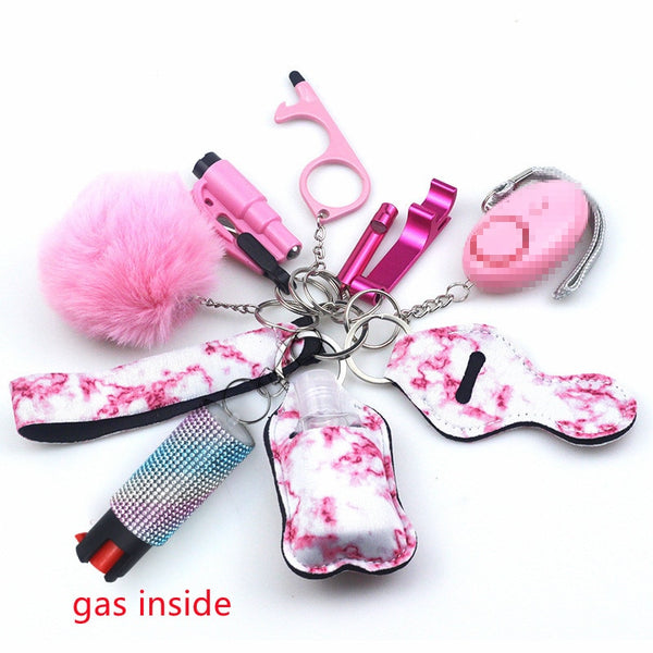Self Defense Keychain Set Bundle with Pepper Spray, Alarm, Whistle, Window Breaker in a Pink Cloud Pattern