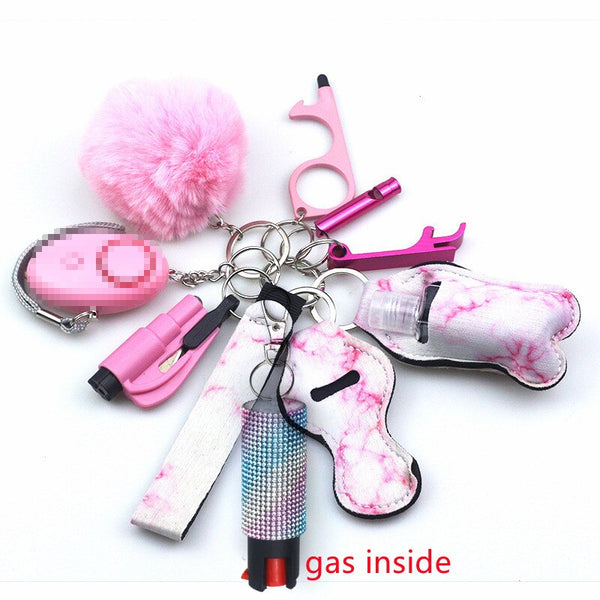 Self Defense Keychain Set Bundle with Pepper Spray, Alarm, Whistle, Window Breaker in a Pink Fog Pattern