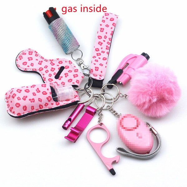 Self Defense Keychain Set Bundle with Pepper Spray, Alarm, Whistle, Window Breaker in a Pink Love Design