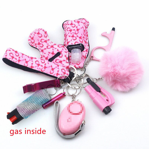 Self Defense Keychain Set Bundle with Pepper Spray, Alarm, Whistle, Window Breaker in Pink Ribbons Design