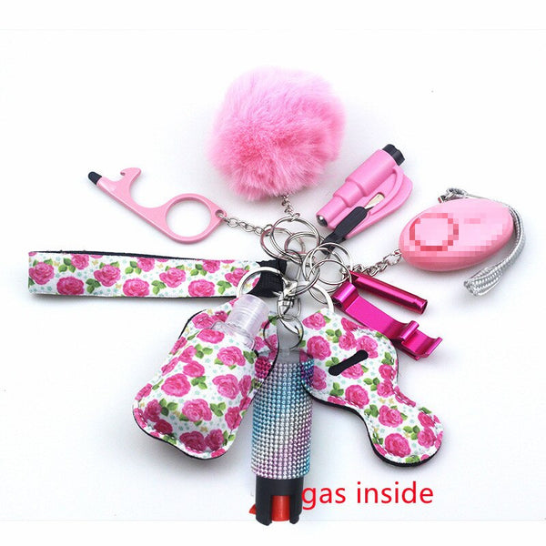 Self Defense Keychain Set Bundle with Pepper Spray, Alarm, Whistle, Window Breaker in a Pink Roses Pattern